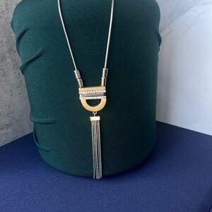 Silver Bohemian Long Pendant Tassel Necklace w Crystal and Mixed Metal Accents